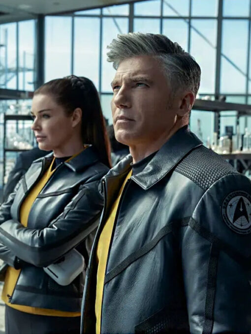 TV Series Star Trek Strange New Worlds Anson Mount Away Team Gray Leather Jacket