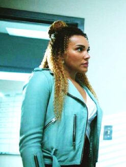 Emmy Raver-Lampman Blue Leather Jacket