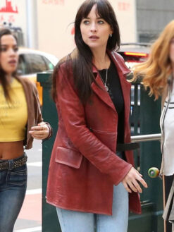 Dakota Johnson Maroon Leather Jacket