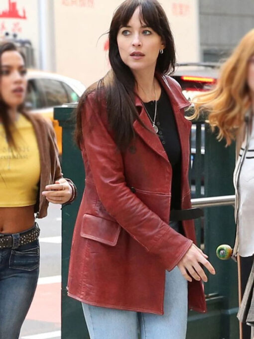 Dakota Johnson Maroon Leather Jacket