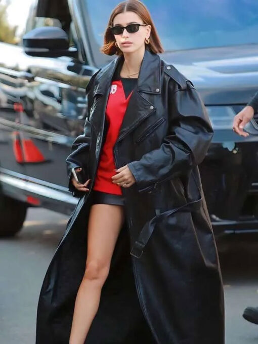 Hailey Bieber Black Leather Long Coat