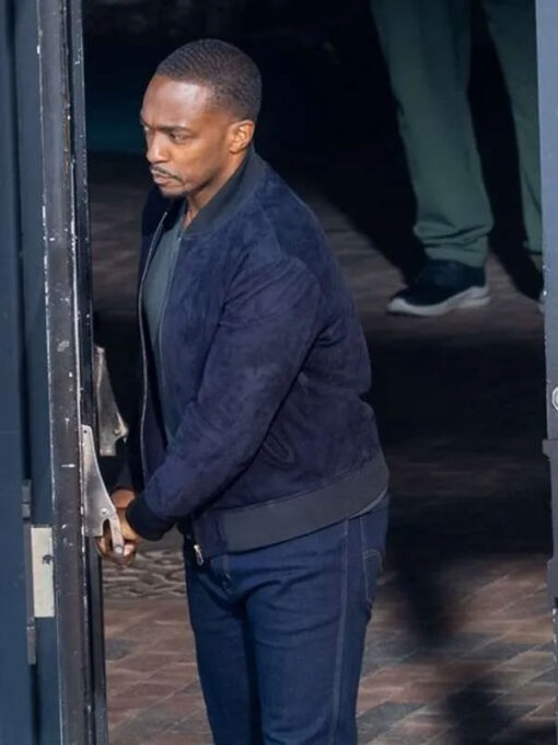 Anthony Mackie Blue Bomber Suede Leather Jacket