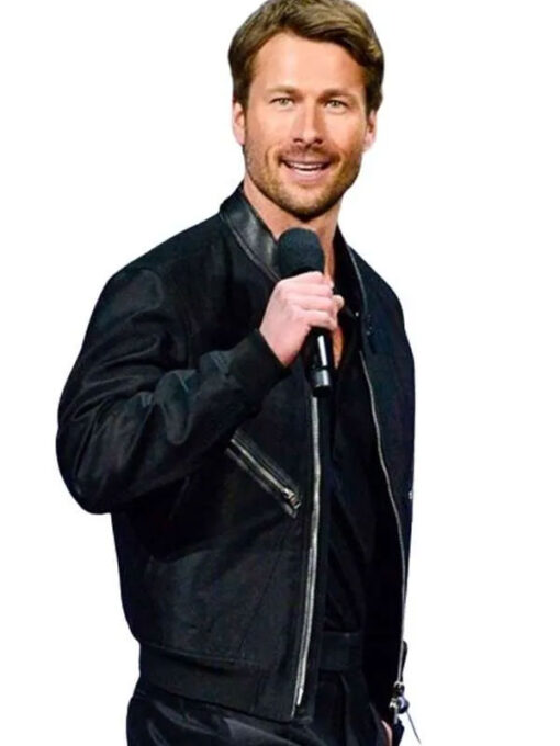 Glen Powell Black Leather Bomber Jacket