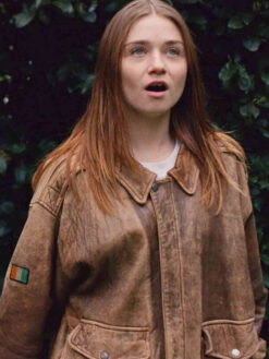 Jessica Barden Distressed Brown Leather Jacket