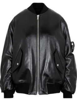 Kim Kardashian Black Leather Bomber Jacket