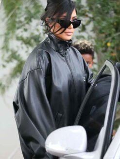 Kim Kardashian Oversized Black Leather Jacket