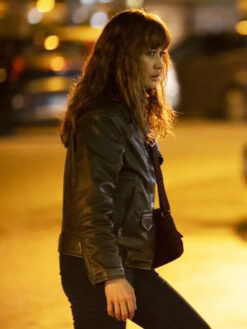 Olga Kurylenko Black Leather Biker Jacket