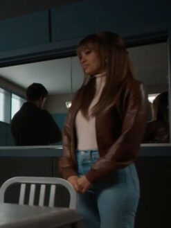 Vanessa Morgan Brown Leather Bomber Jacket