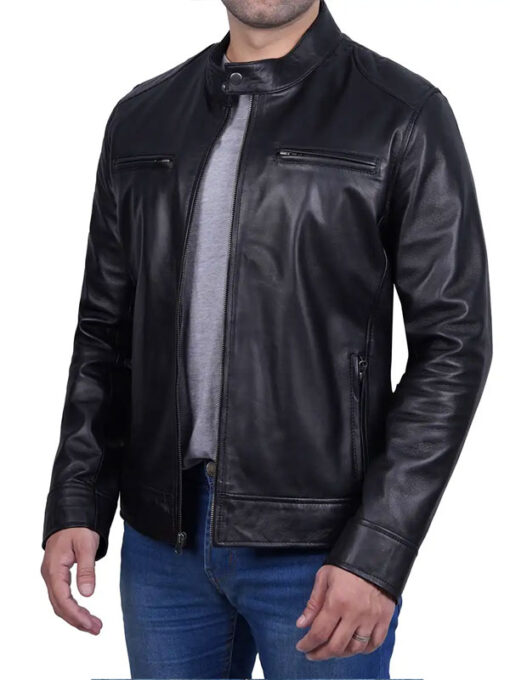 Cafe Racer Shiny Black Sheepskin Leather Jacket