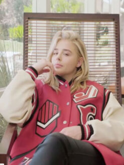 Chloe Grace Moretz Red and Off White Varsity Jacket