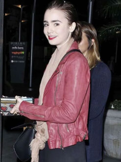 Lilly Collins Pink Leather Biker Jacket