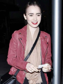 Lilly Collins Pink Leather Jacket