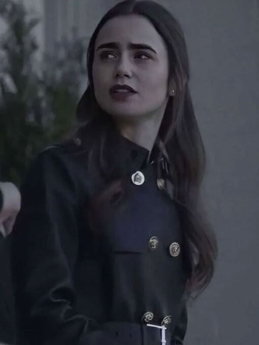 Lily Collins Black Leather Coat