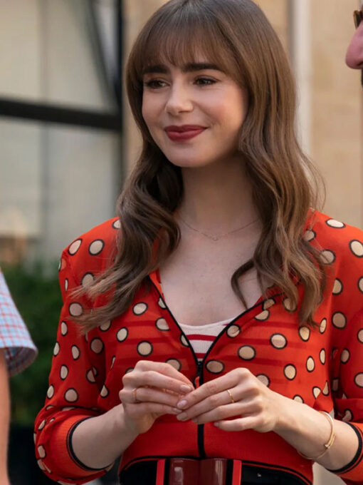 Lily Collins Cropped Red Jacket