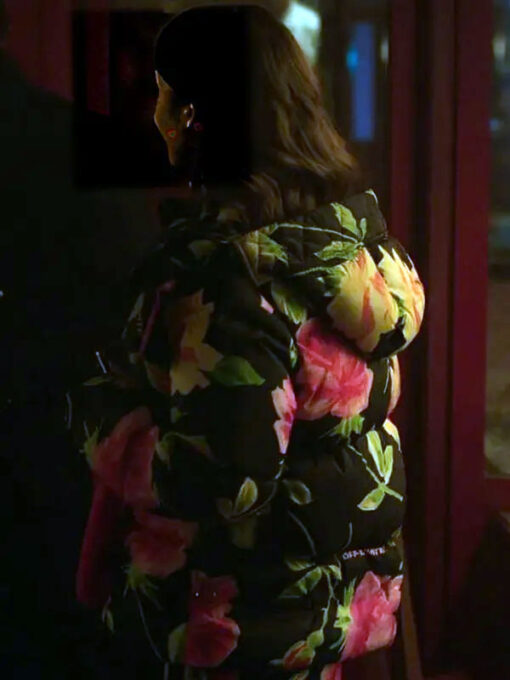 Lily Collins Floral Puffer Hooded Jacket