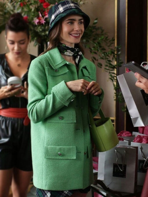 Lily Collins Green Wool Coat