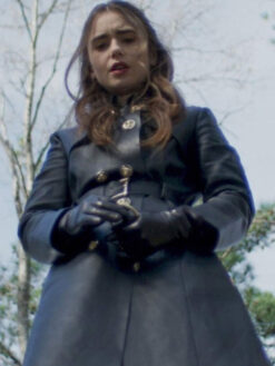 Lily Collins Leather Coat