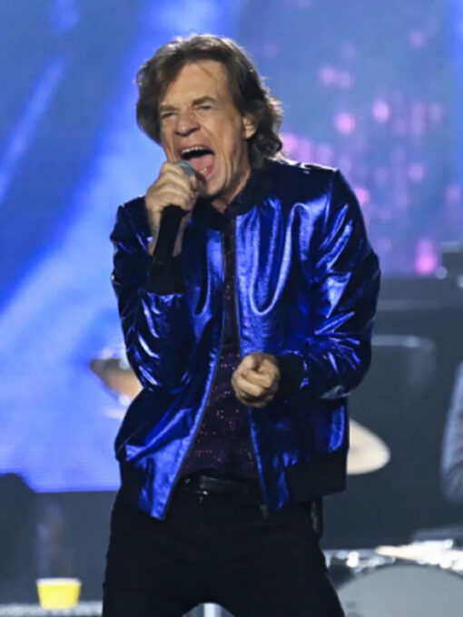 Mick Jagger Blue Leather Bomber Jacket