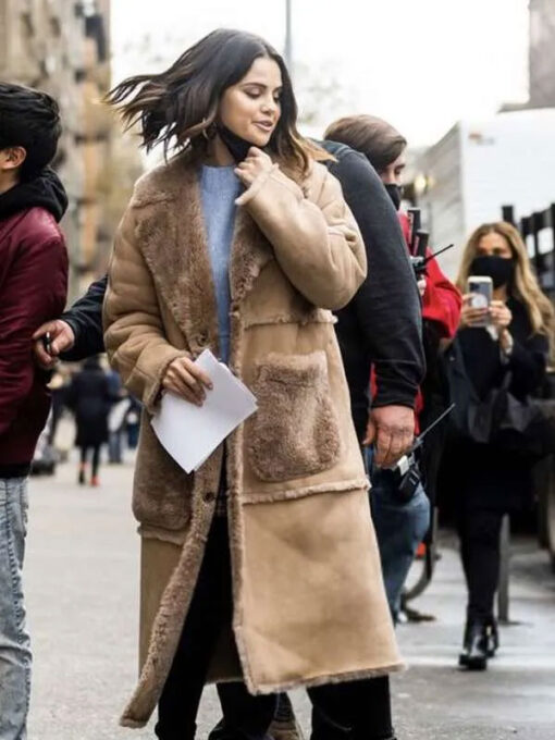 Selena Gomez Shearling Brown Suede Leather Coat