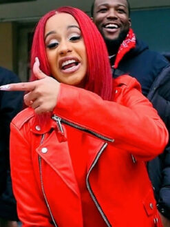 Cardi B Red Leather Biker Jacket