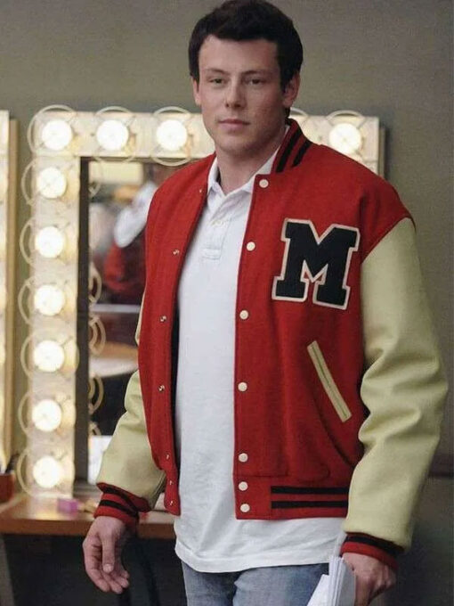 Finn Hudson Red and Off White Bomber Jacket