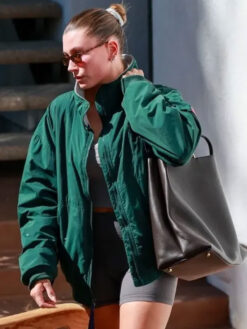 Hailey Bieber Oversized Green Bomber Jacket