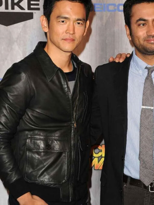 John Cho Black Leather Bomber Jacket