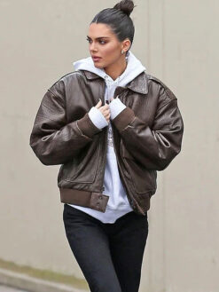 Kendall Jenner Brown Leather Bomber Jacket