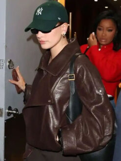 Hailey Bieber Brown Leather Biker Jacket