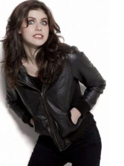 Alexandra Daddario Black Leather Bomber Jacket