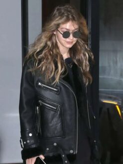 Gigi Hadid Shearling Black Leather Jacket