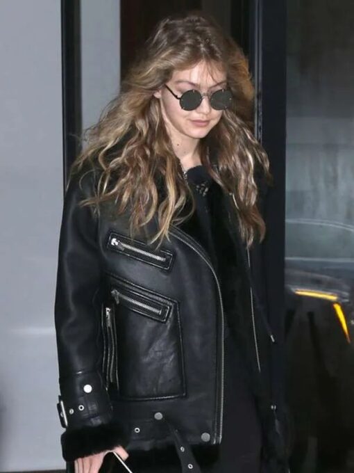 Gigi Hadid Shearling Black Leather Jacket