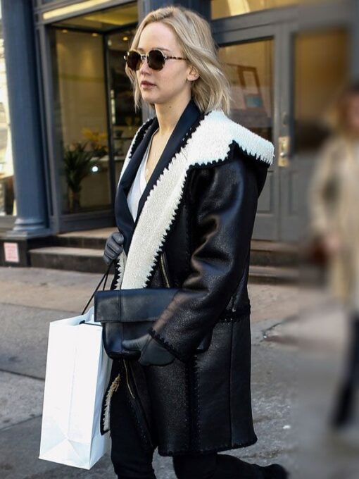 Jennifer Lawrence Shearling Black Leather Coat