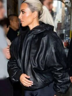 Kim Kardashian Black Leather Hooded Jacket