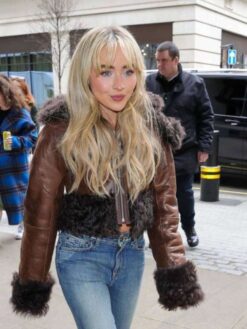 Sabrina Carpenter Shearling Brown Leather Cropped Jacket