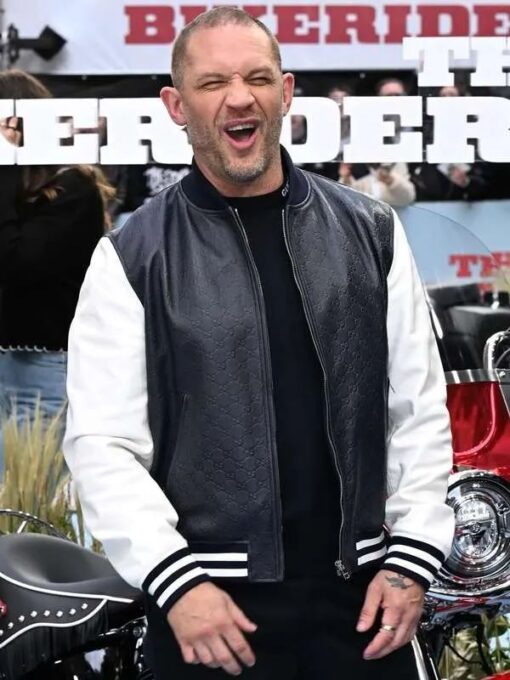 Tom Hardy Black and White Leather Bomber Jacket