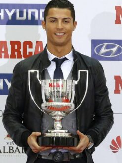 Cristiano Ronaldo Black Leather Bomber Jacket