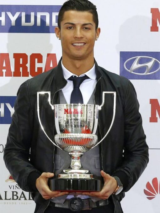 Cristiano Ronaldo Black Leather Bomber Jacket