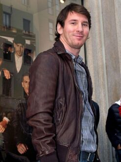 Lionel Messi Brown Leather Bomber Jacket