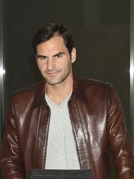 Roger Federer Vintage Brown Leather Bomber Jacket