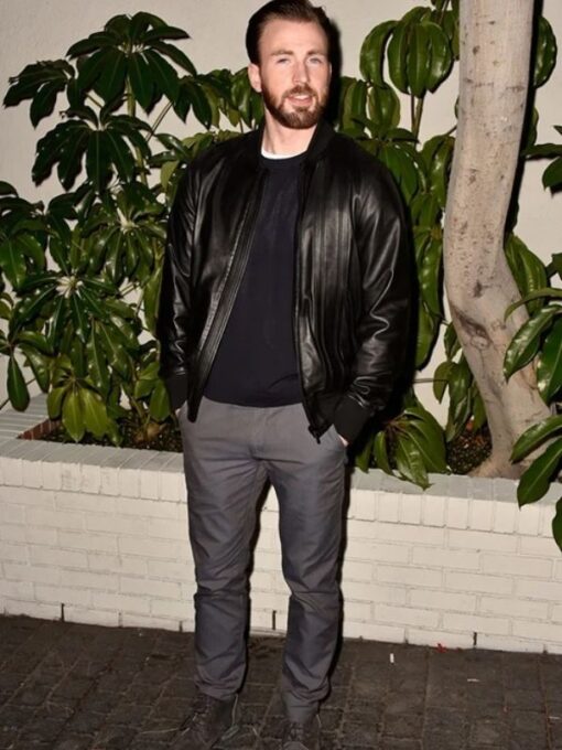 Actor Chris Evans Black Leather Bomber Jacket