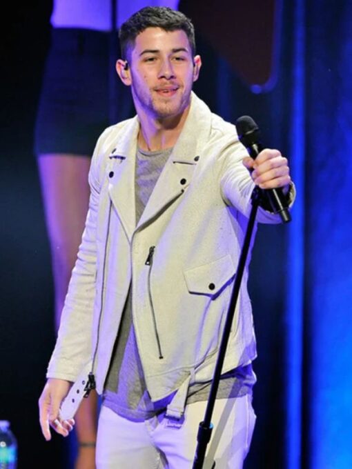 Nick Jonas White Leather Biker Jacket